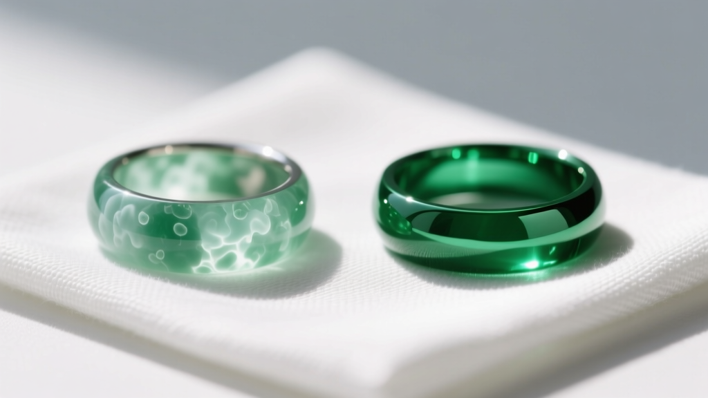 Side-by-side comparison of a cloudy emerald ring next to a polished one, resting on a microfiber cloth in bright natural daylight.