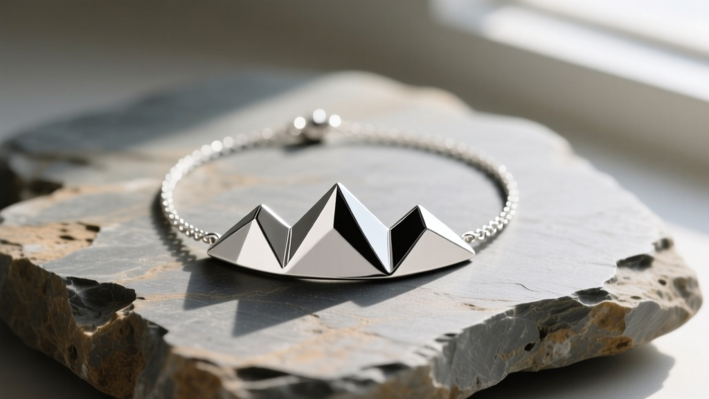 Minimalist 925 sterling silver mountain necklace resting on textured slate, highlighting geometric peaks under soft ambient lighting