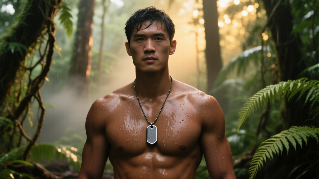 Sweaty survivalist in a humid jungle environment wearing a minimalist tungsten carbide dog tag necklace resting on bare skin