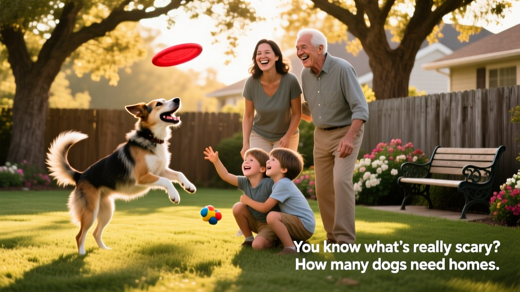 A joyful family playing with their newly adopted dog in a sunlit backyard