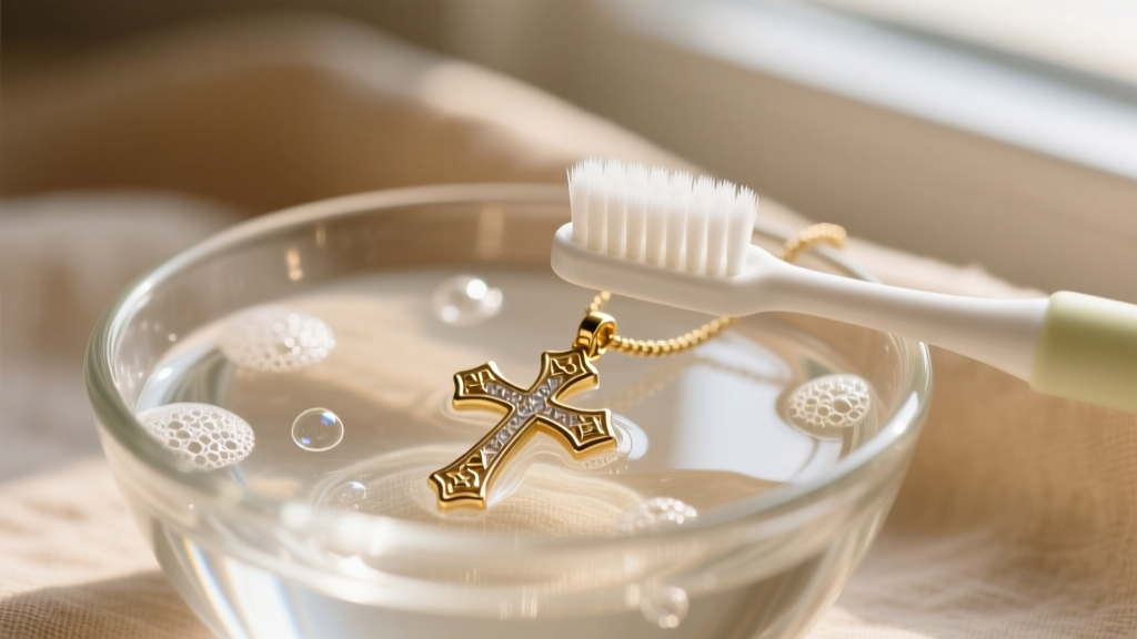 Close-up of an ultra-soft baby toothbrush gently scrubbing a white gold cross pendant in a glass bowl of warm, soapy water.