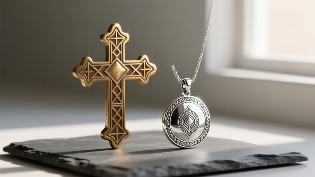 Brass Tahoua cross and 925 silver Agadez pendant side-by-side on matte slate, showing contrasting geometric shapes and metal patinas