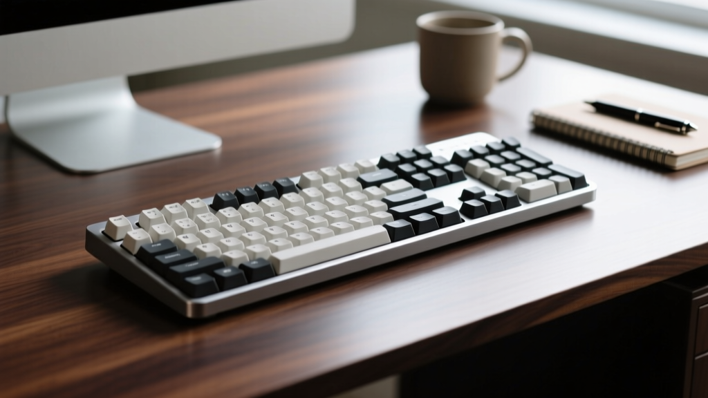 Ergonomic split mechanical keyboard with low-profile switches and tented aluminum chassis resting on dark walnut wood desk setup