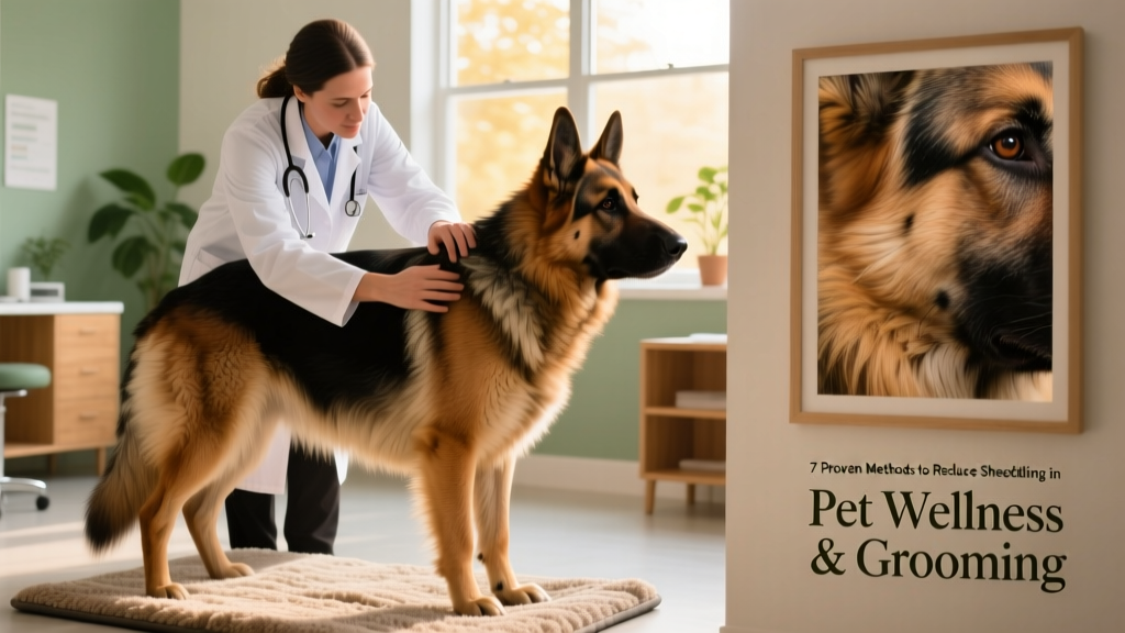 Veterinarian examining a German Shepherd’s coat and skin during a routine checkup