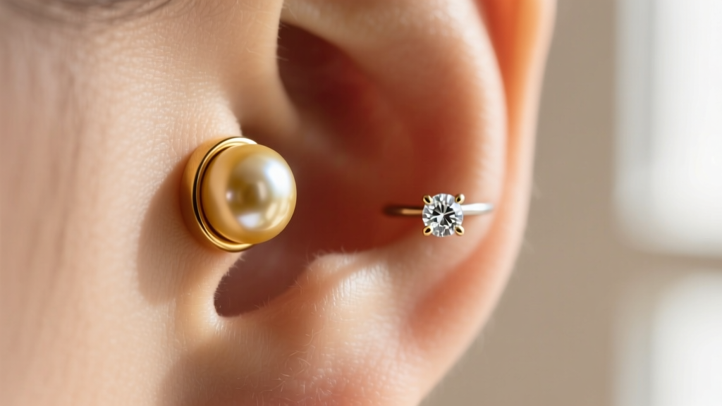 Macro photo of a double lobe piercing with a gold pearl in the first hole and a tiny diamond stud in the second hole, softly lit.