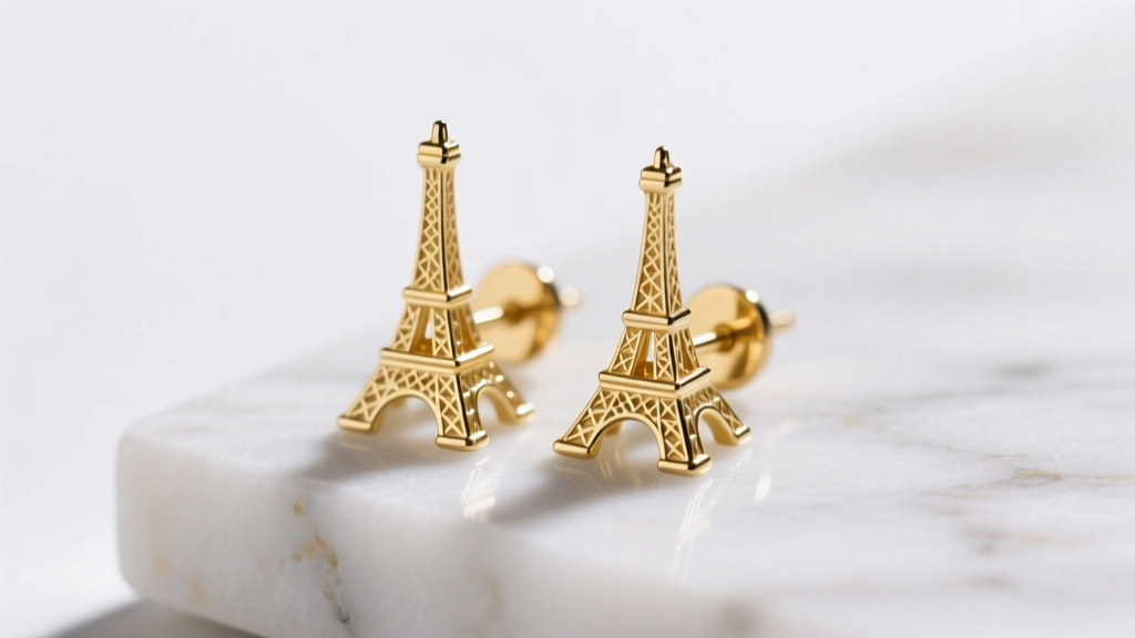 Macro shot of 14k gold Eiffel tower stud earrings on white marble, soft lighting highlighting the intricate metal lattice details.