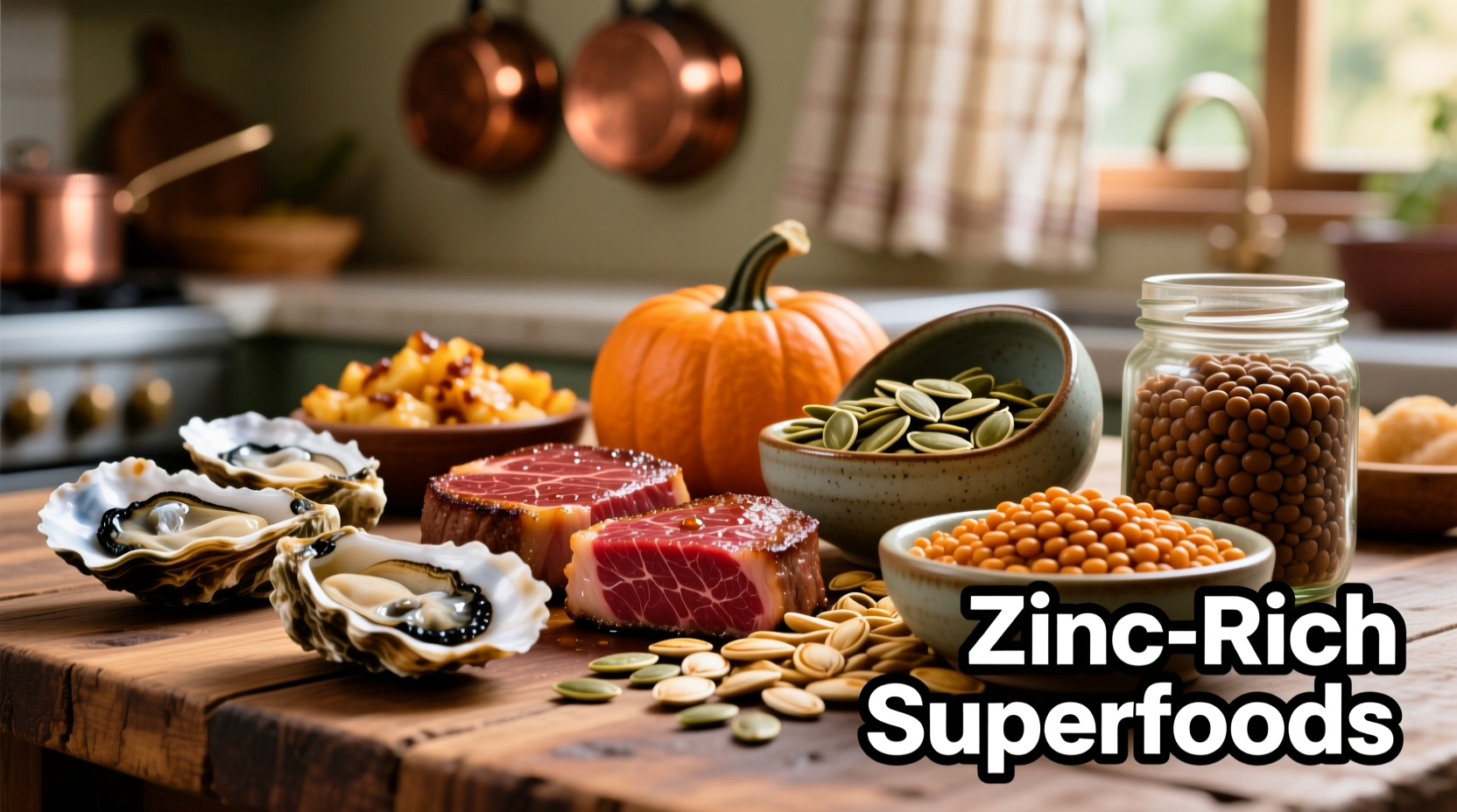 Colorful array of zinc-rich foods including oysters, beef, pumpkin seeds, and lentils