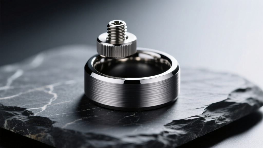 Macro photo of a brushed tungsten carbide mens cremation ring with a threaded stainless steel screw cap resting on dark slate stone