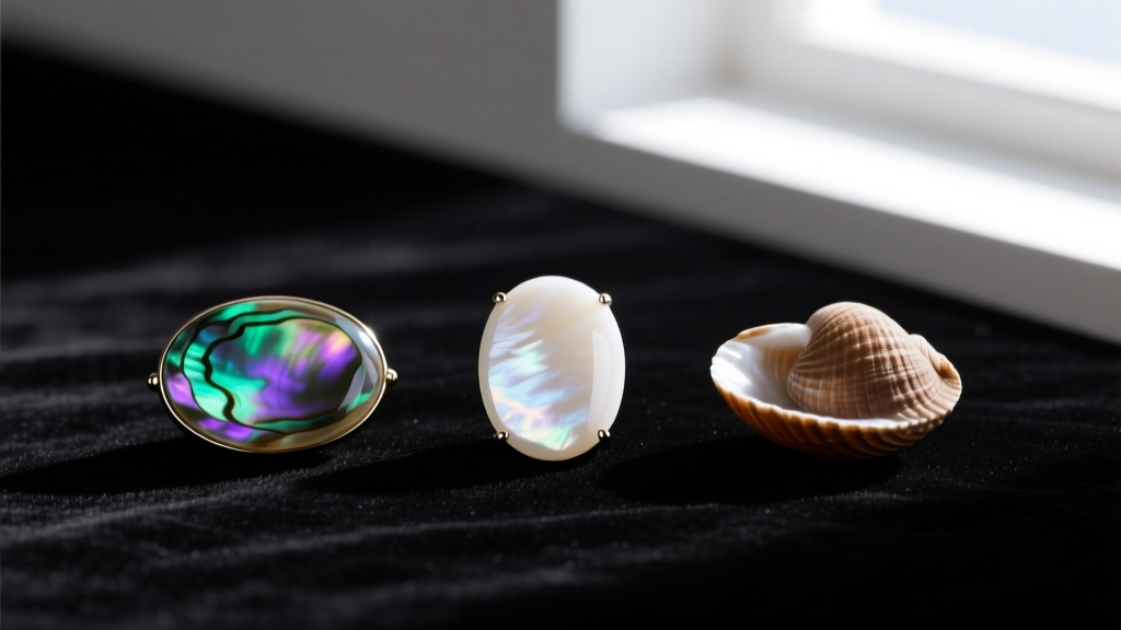 Three cabochons side-by-side: iridescent abalone, white mother-of-pearl, and matte brown opihi shell on dark velvet.