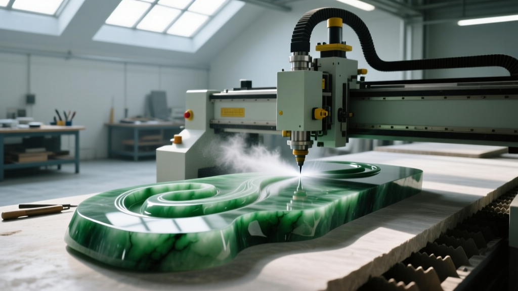 CNC waterjet cutter precisely shaping a raw slab of nephrite jade into smooth contoured wellness tools inside an industrial stone fabrication workshop
