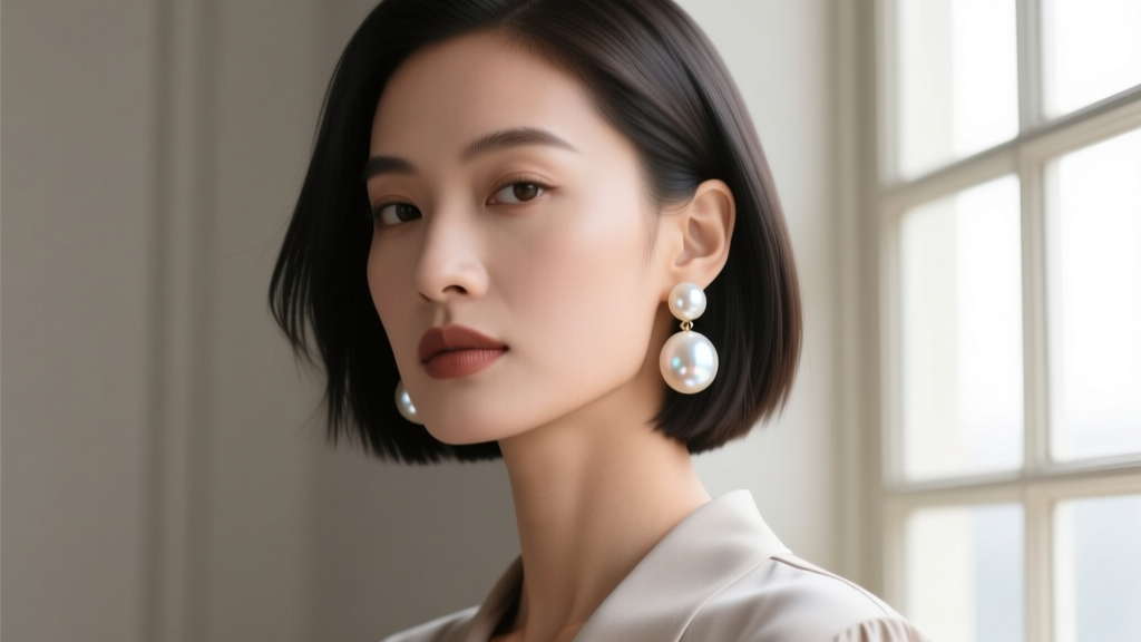 Editorial portrait of a woman wearing large vintage Marvella faux pearl clip on earrings paired with a sleek modern minimalist bob.
