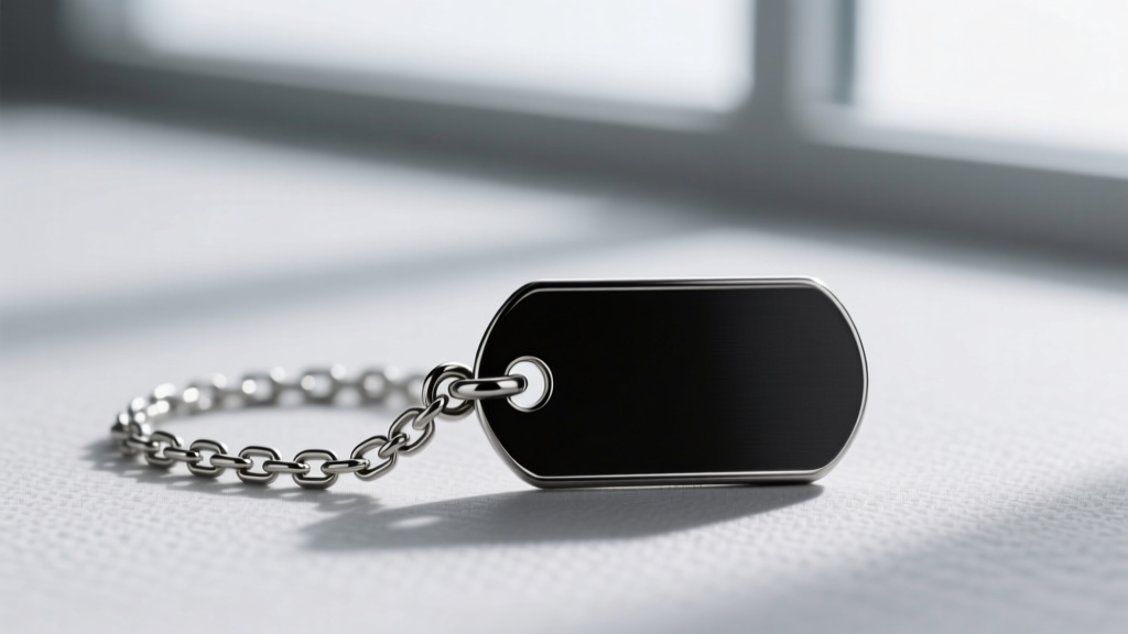 3mm stainless steel box chain with a lobster clasp threaded through the reinforced hole of a matte black titanium dog tag