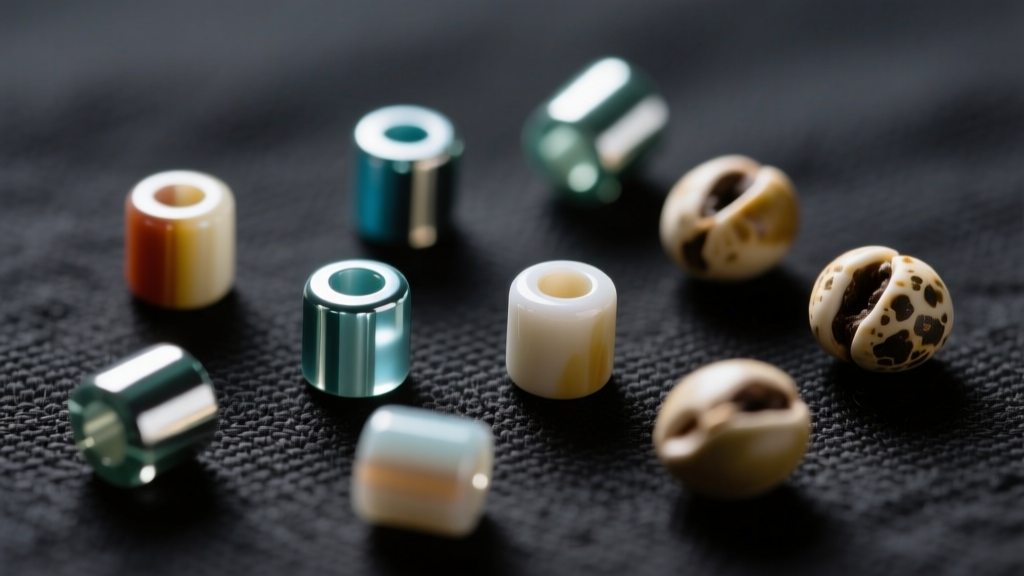Macro photography comparing cylindrical Miyuki Delica beads and round Toho seed beads scattered on a dark jeweler's felt pad.