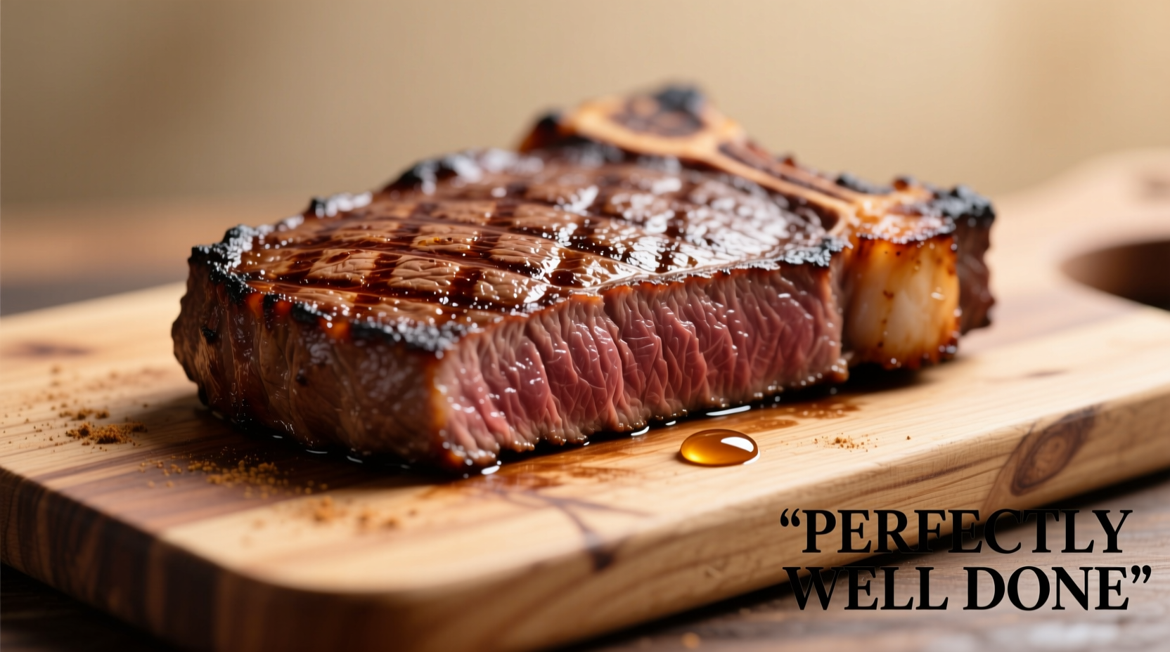 Perfectly cooked well done steak on cutting board