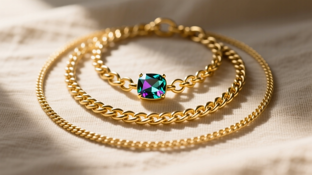 Layered gold stack showing a 16-inch cable chain, 18-inch rope chain, and 20-inch gemstone pendant on natural linen.