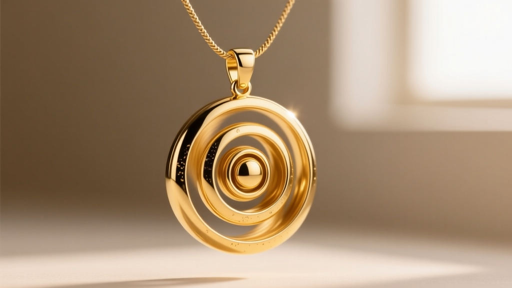Macro shot of a gyroscopic 18k gold vermeil pendant with three nested spinning bezels on a 1.2mm micro-cable chain, soft lighting