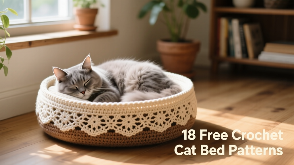 A fluffy gray cat napping peacefully inside a round, crocheted basket-style bed