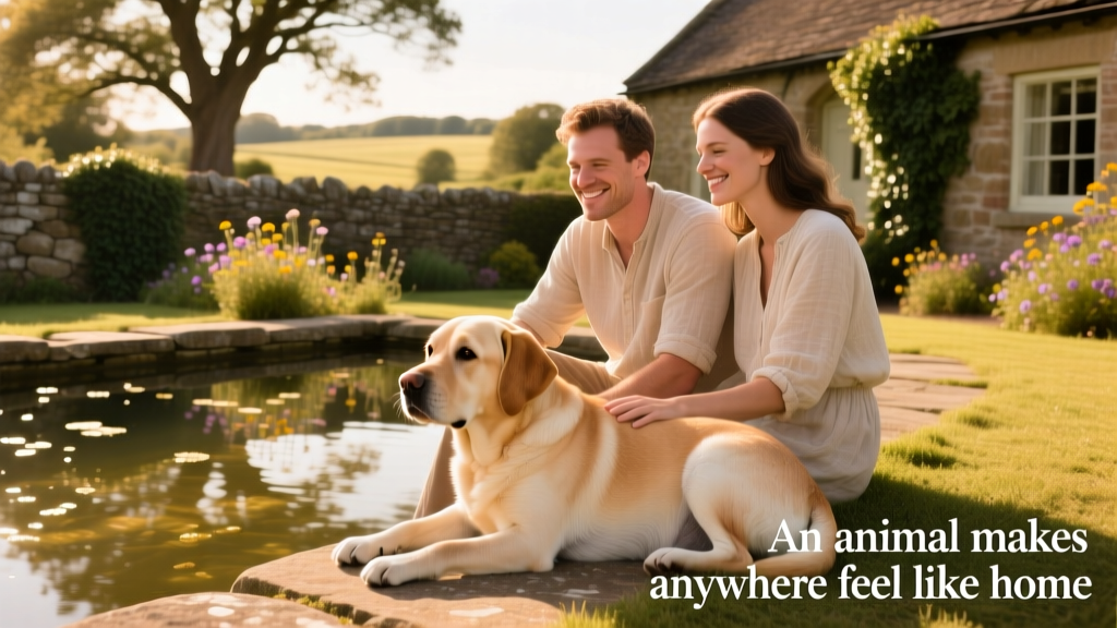 A biscuit-colored Labrador resting beside Eoin and Aisling next to a pool during a house sit