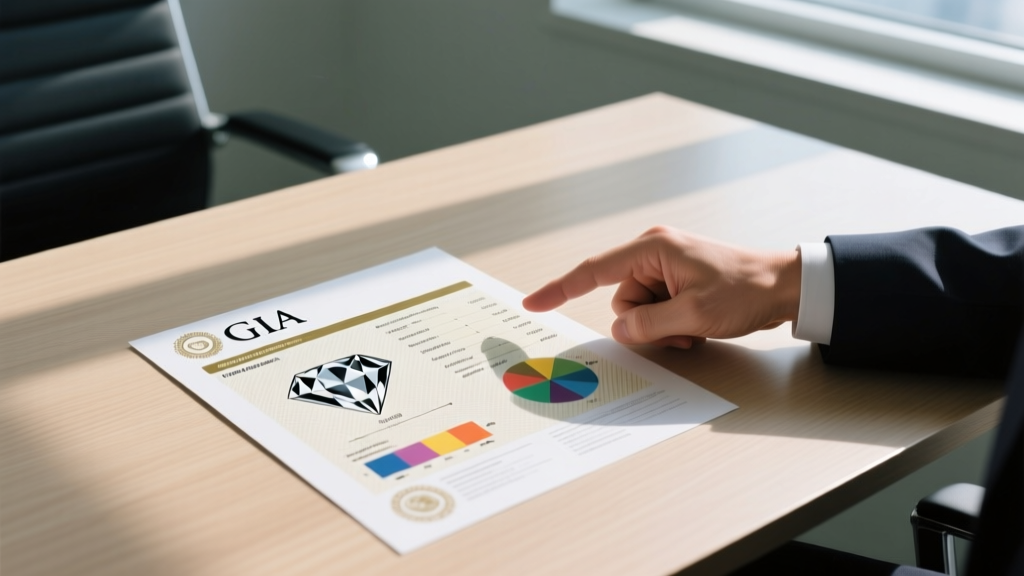 Buyer pointing at the cut grade and proportions diagram on a printed GIA diamond grading report resting on a clean wooden desk.