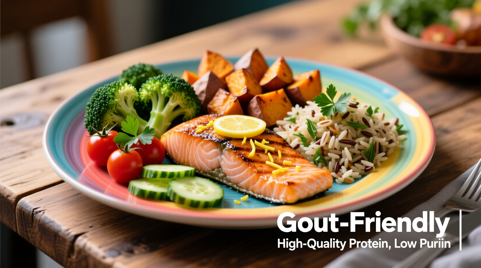 Colorful plate showing gout-friendly meal options