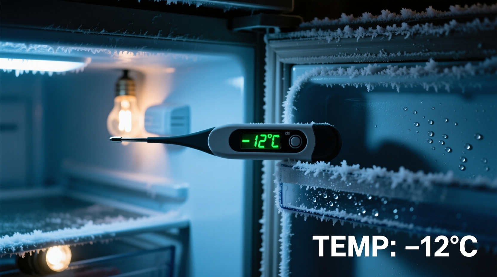 Thermometer checking freezer temperature during power outage