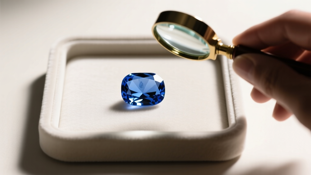Unheated Ceylon sapphire gemstone on a jeweler's loupe, displaying deep cornflower blue pleochroism under bright studio lighting
