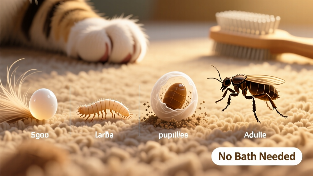 Illustration showing the four stages of the flea life cycle: egg, larva, pupa, and adult flea