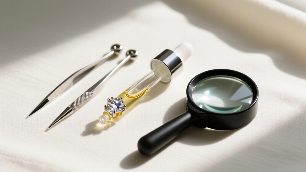 Flat lay of jewelry untangling tools including two steel T-pins, a glass dropper of mineral oil, and a 10x jeweler's loupe on felt.