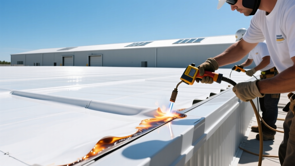 Commercial roofing contractors hot-air welding white 60-mil TPO roof materials seams on a large flat warehouse rooftop under clear skies