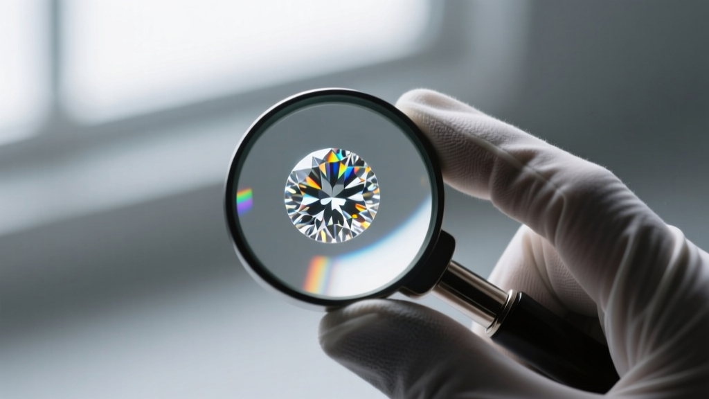 Close-up of a GIA certified round brilliant diamond being examined with a jeweler's loupe against a bright LED grading light