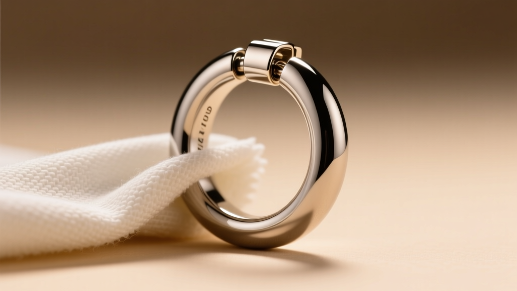 Macro shot of 16g titanium hoop wiped with microfiber cloth, showing polished finish and clicker clasp under warm studio light.
