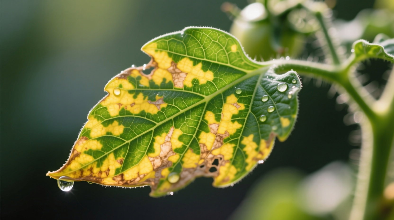 Close-up of tomato leaf showing yellowing between green veins