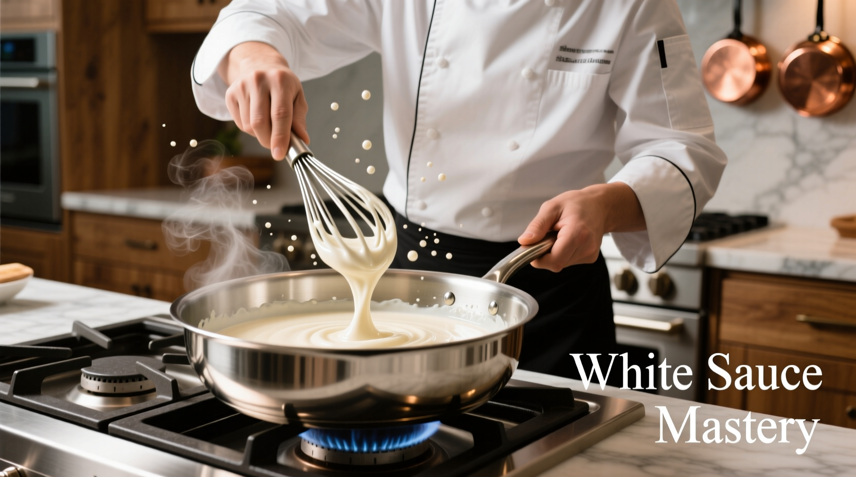 Chef whisking smooth white sauce in stainless steel pan