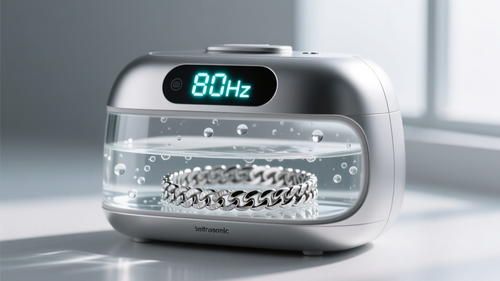 Close-up of a sleek smart ultrasonic cleaner with an LED display showing 80kHz, holding a platinum tennis bracelet in water