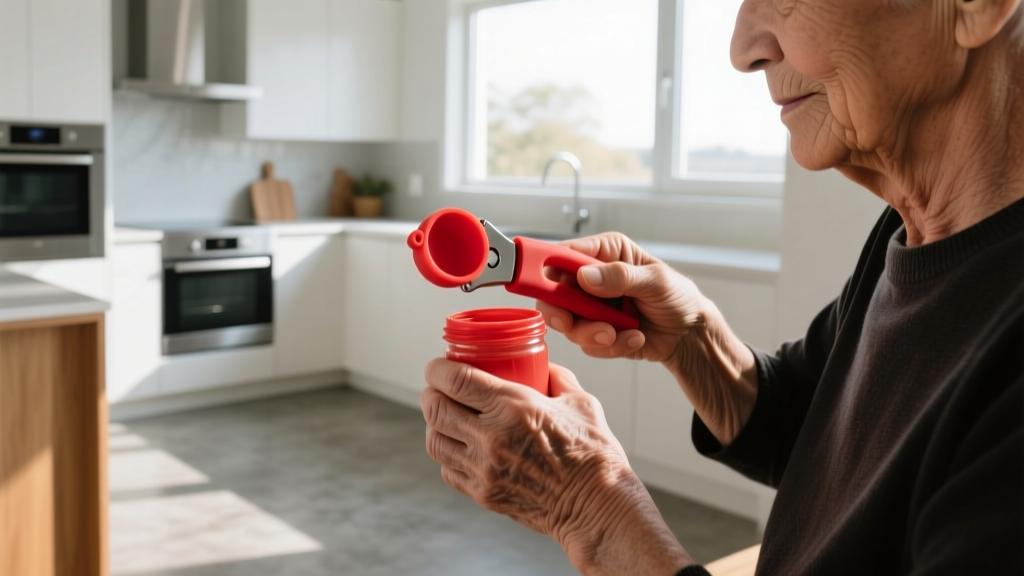 Close-up of an older adult with visible hand joint swelling using a bright red ergonomic silicone jar opener in a sunlit modern kitchen.