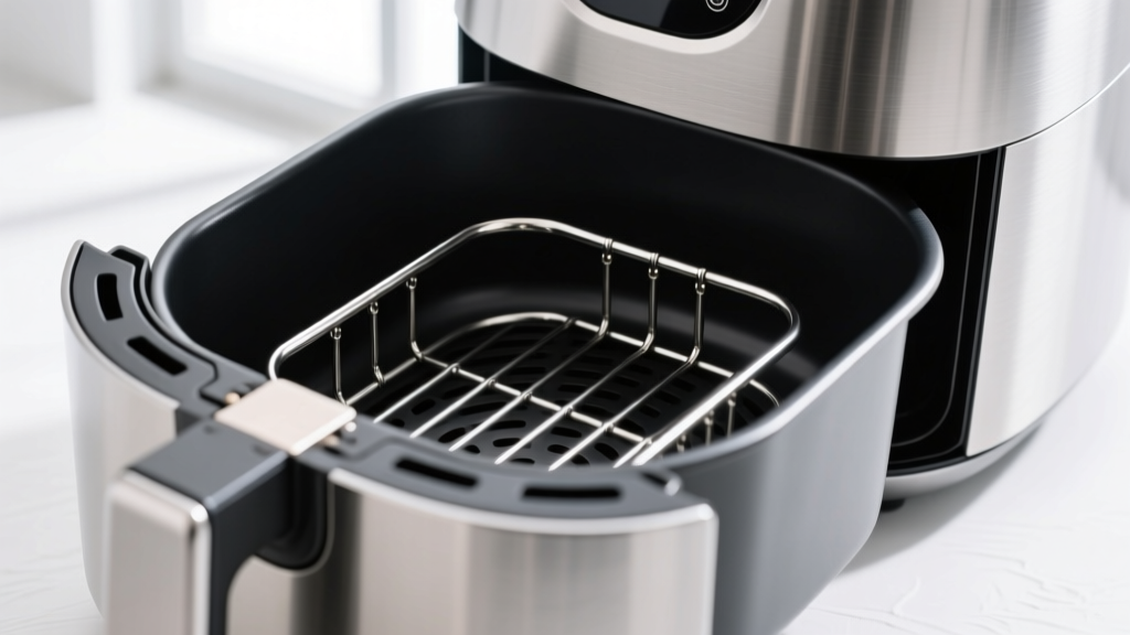 304 stainless steel air fryer crisper rack inside a 5.8-quart basket showing a perfect fit and clean, un-rusted weld points
