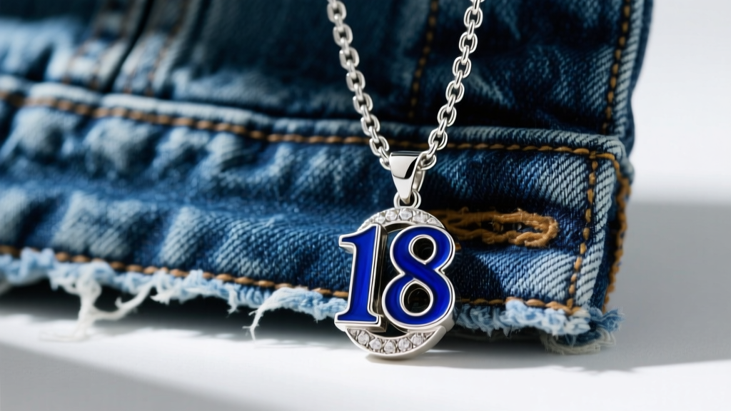Sterling silver number 18 pendant with blue enamel on a thick chain, resting against a faded denim jacket in soft natural light.
