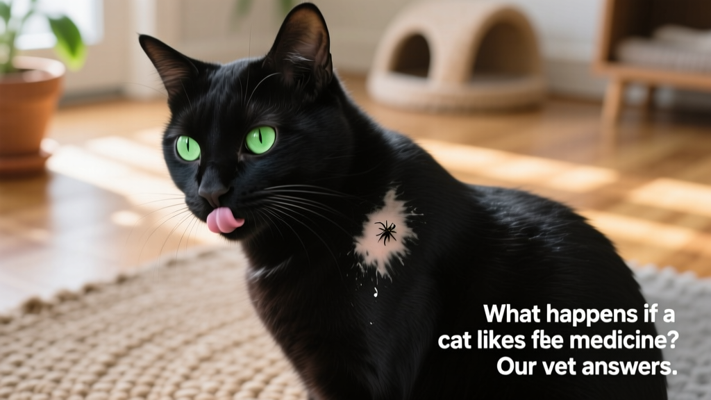 Close-up of a cat gently licking its shoulder where flea treatment was applied