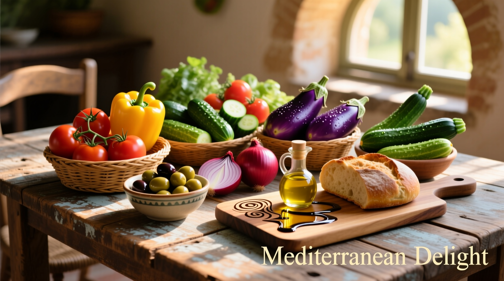 Colorful Mediterranean diet foods on wooden table