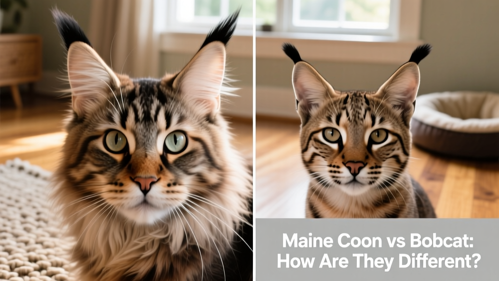 Close-up comparison highlighting ear tufts, facial ruff, and eye shape differences between a Maine Coon and a bobcat