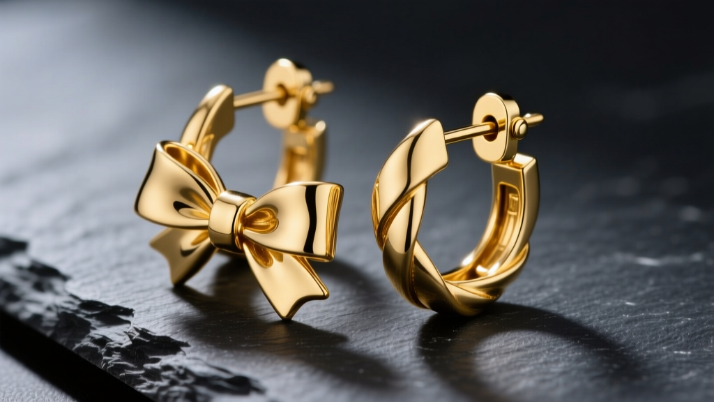 Macro shot of 14k solid gold bow hoop earrings on dark slate, highlighting ribbon texture and a secure hinged clasp mechanism.