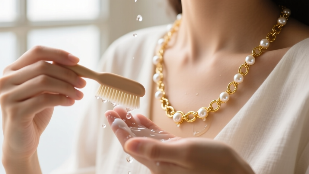Hands using a soft baby hair brush and mild soapy water to gently clean a delicate gold long wrap necklace with small pearl accents.