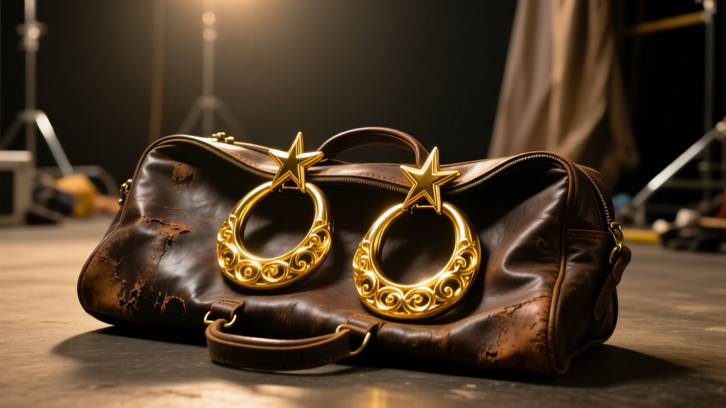 Moody backstage vanity with thick 14k yellow gold rock-star hoop earrings resting on a worn leather gig bag under warm spotlight