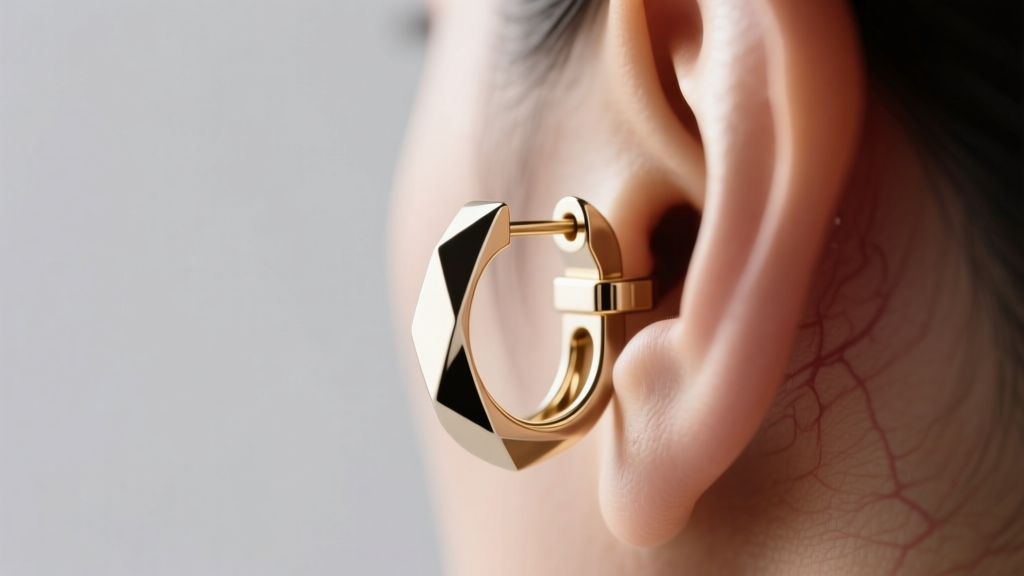 Side profile of a 60mm white gold hoop earring showing a reinforced saddleback clasp secured through a pierced ear lobe.