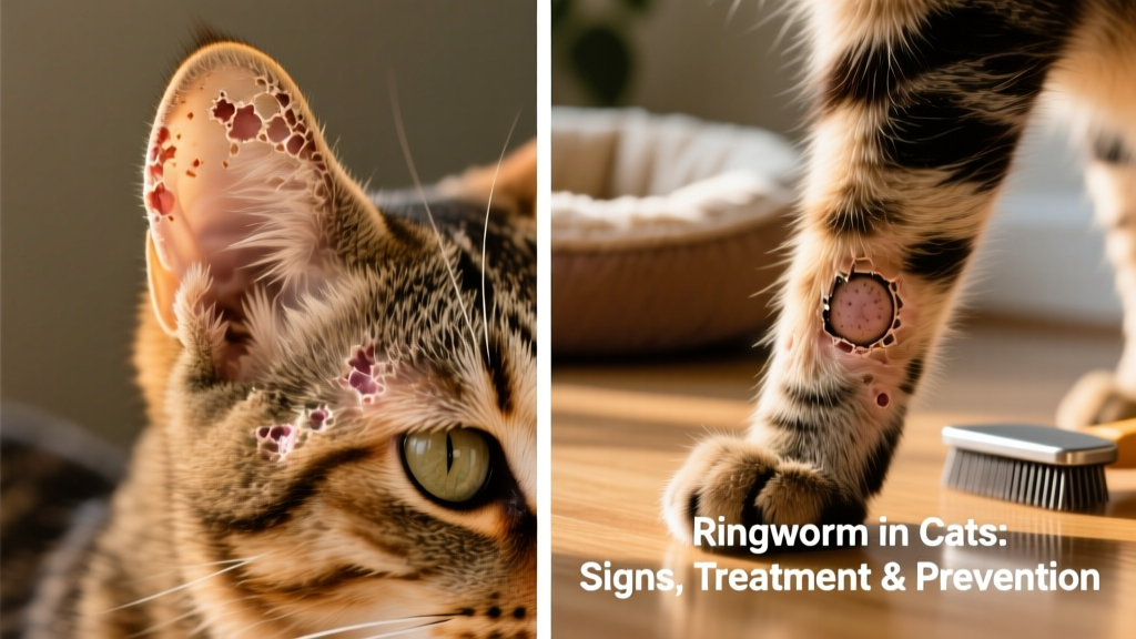 Side-by-side comparison images showing typical ringworm lesions on a cat’s ear and forelimb