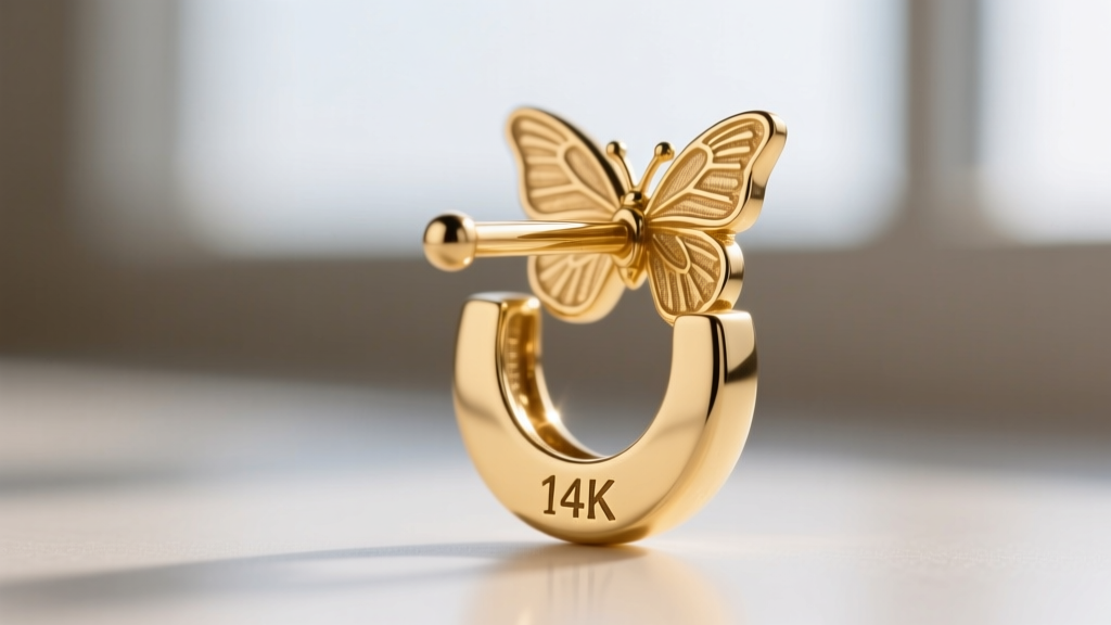 Macro shot of a 20-gauge post on a solid 14k gold elephant earring, showing the butterfly backing and laser-stamped karat mark.