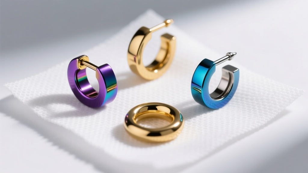 Close-up of anodized niobium, 14k gold, and titanium barbell hoop earrings arranged neatly on a sterile white medical gauze pad.