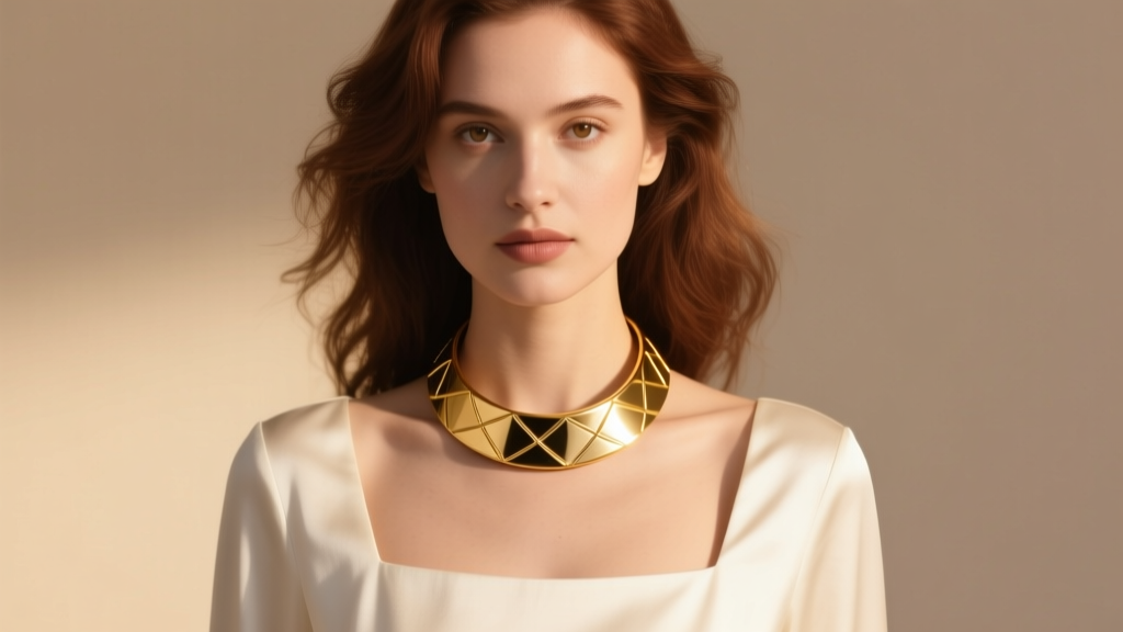 Woman in square-neck top wearing a 14-inch gold collar necklace resting just above the collarbone in soft, warm studio lighting.