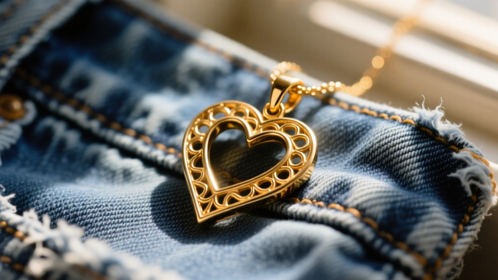 Vintage James Avery solid 14k gold open heart cross pendant resting on faded denim, lit by warm natural sunlight.
