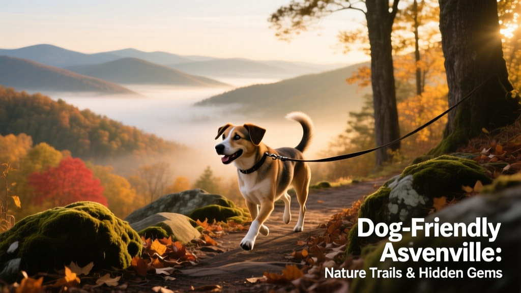 Scenic view along the Blue Ridge Parkway with misty mountains and a dog on trail